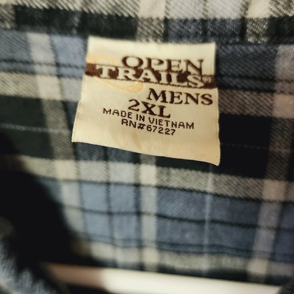 Men's 2X Open Trails Blue/Black Plaid Flannel Long Sleeve Button Down Shirt - Picture 7 of 9